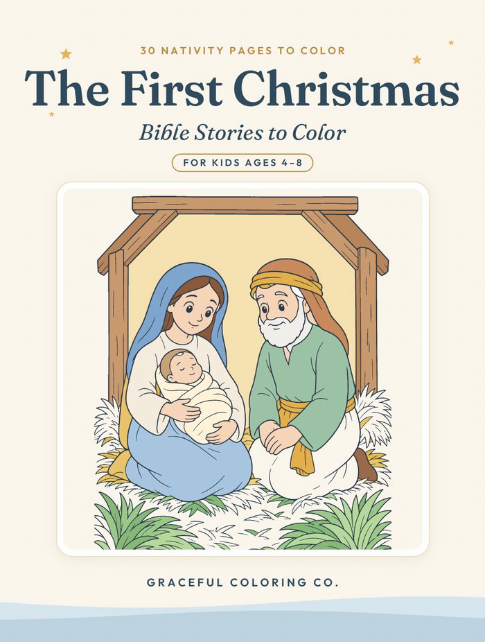 Cover of The First Christmas: Bible Stories to Color, showing Mary, Joseph and baby Jesus in the stable